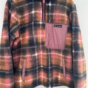 Columbia Plaid Sherpa Pullover Jacket Womens XL Quarter Zip